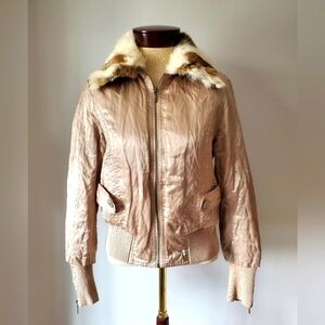 Mi-Tu gold jacket with  removable rabbit fur collar. Size 44 (US 6)